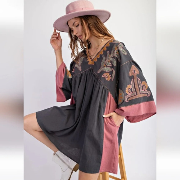 New Easel Embroidered Boho Floral Poly Linen Woven Dress - Picture 1 of 4